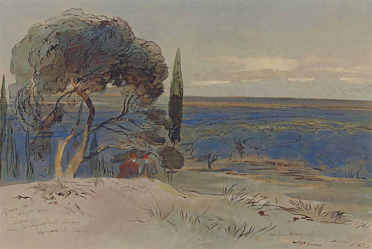 The cicadas are dying out — station after station closing down. The two great plane-trees are already silent, and only in the meadow where the sun still plays do they keep up their singing.

— Lawrence Durrell

Corfu (Edward Lear, 1862)