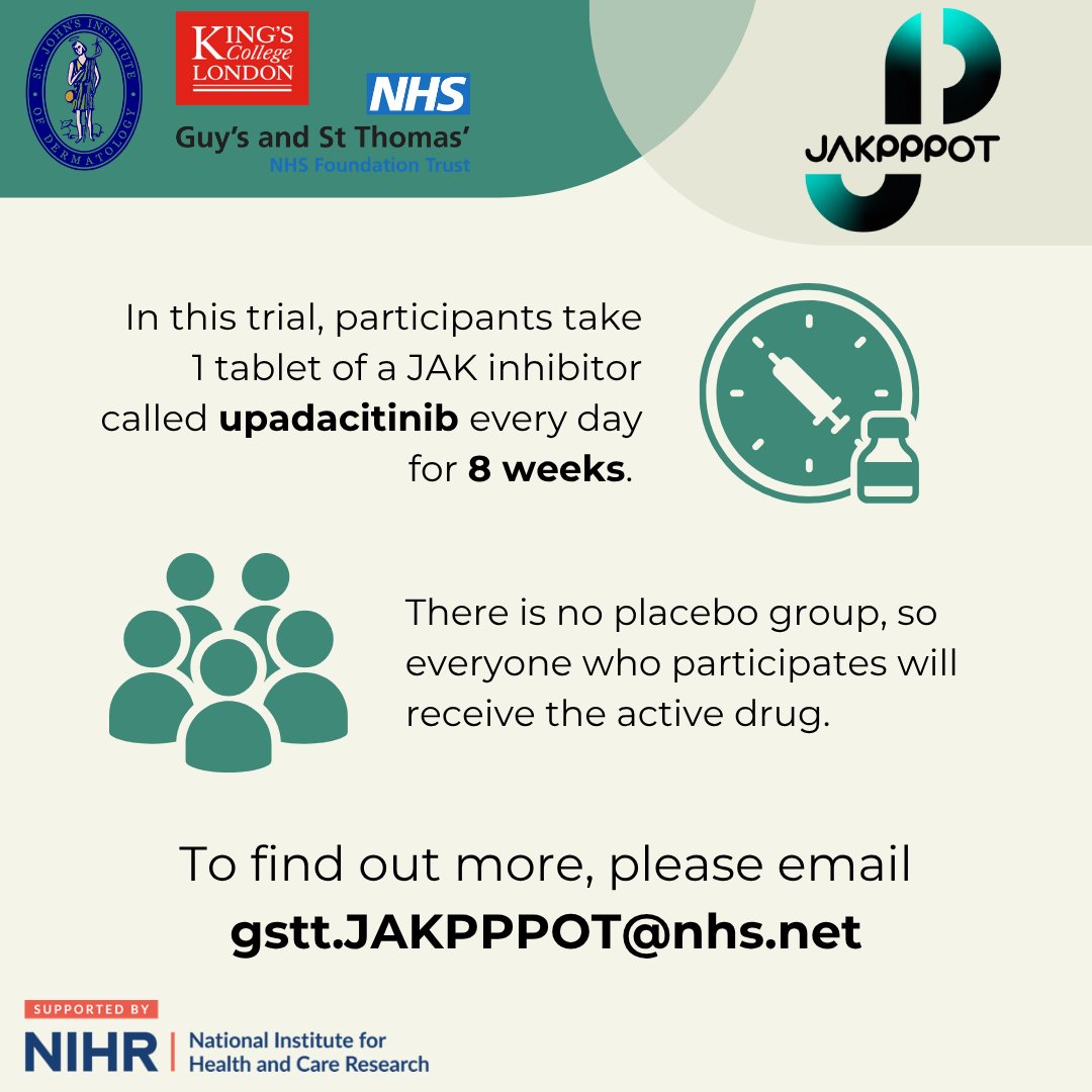 myskinstudy's tweet image. Do you have palmoplantar pustular psoriasis? Are you interested in trying a new treatment?

Dr Gleeson is conducting a clinical trial testing a new treatment option.

Email gstt.JAKPPPOT@nhs.net to get involved

#psoriasis #psoriasisresearch #pustularpsoriasis #psoriasistreatment