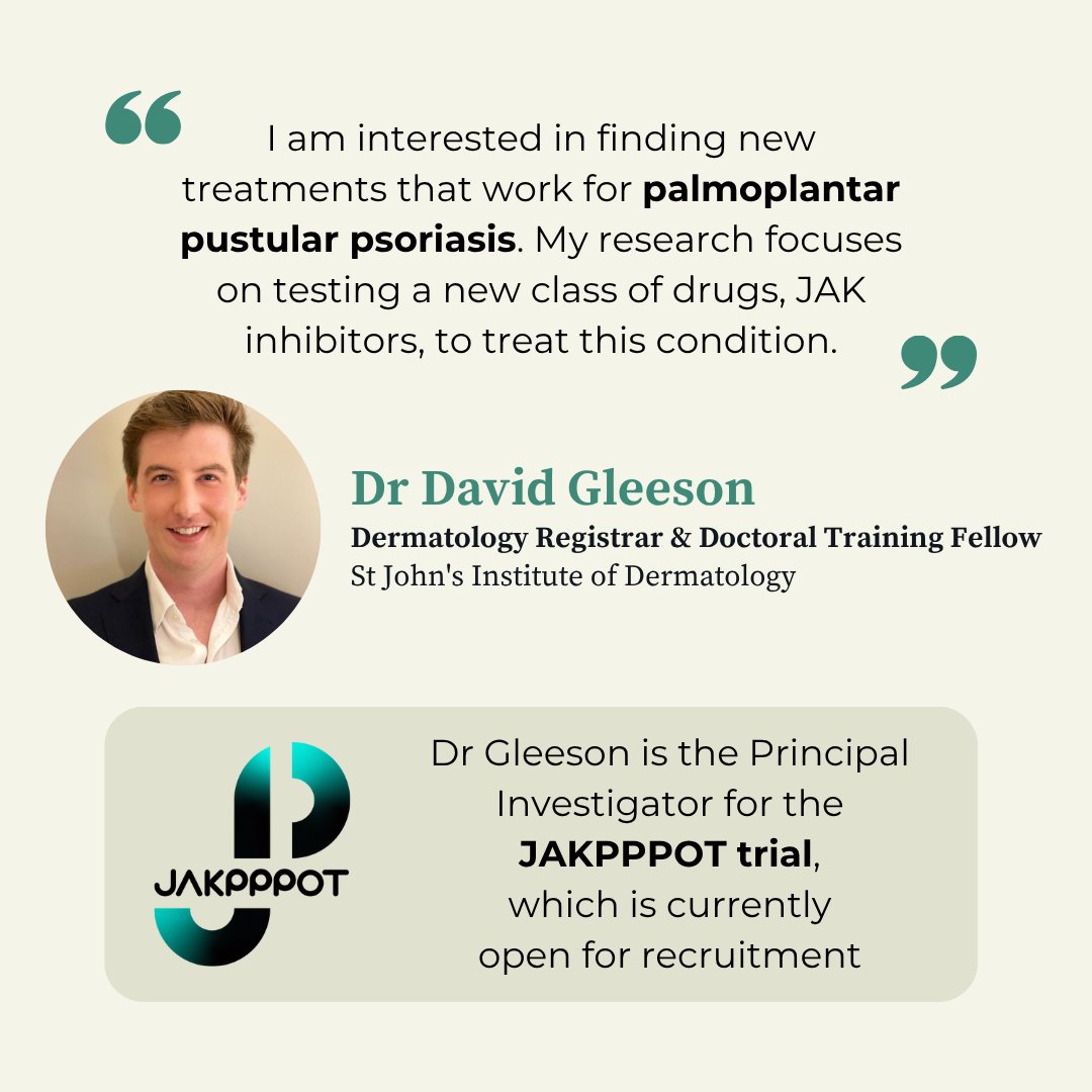 myskinstudy's tweet image. Do you have palmoplantar pustular psoriasis? Are you interested in trying a new treatment?

Dr Gleeson is conducting a clinical trial testing a new treatment option.

Email gstt.JAKPPPOT@nhs.net to get involved

#psoriasis #psoriasisresearch #pustularpsoriasis #psoriasistreatment