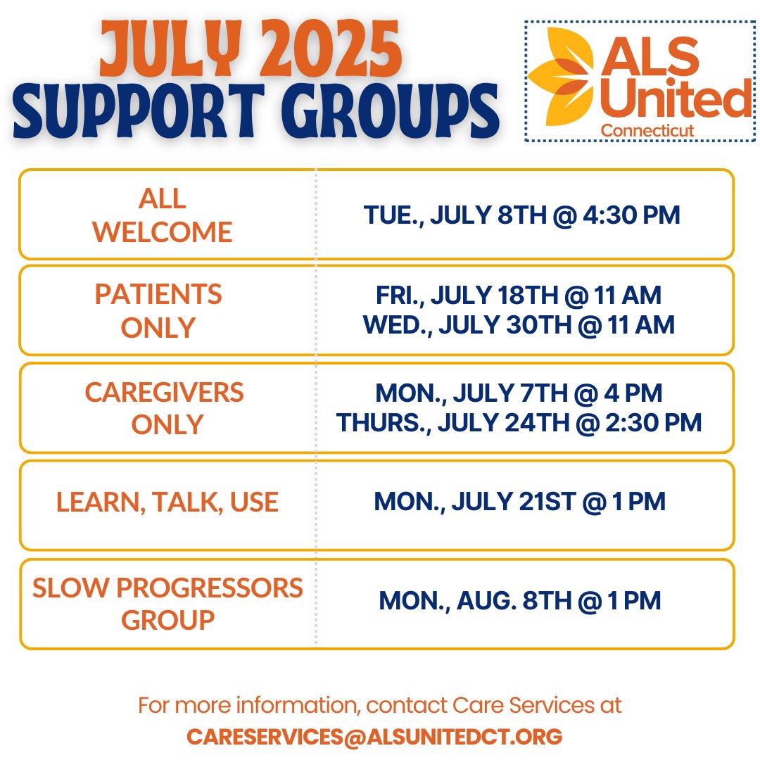 ALS United Connecticut (@alsunitedct) on Twitter photo Our #ALSUnitedCT July 2025 support group schedule is out! For more information, email Care Services at careservices@alsunitedct.org.
#ALS
#ALSUnited
#ALSCareServices Our #ALSUnitedCT July 2025 support group schedule is out! For more information, email Care Services at careservices@alsunitedct.org.
#ALS
#ALSUnited
#ALSCareServices