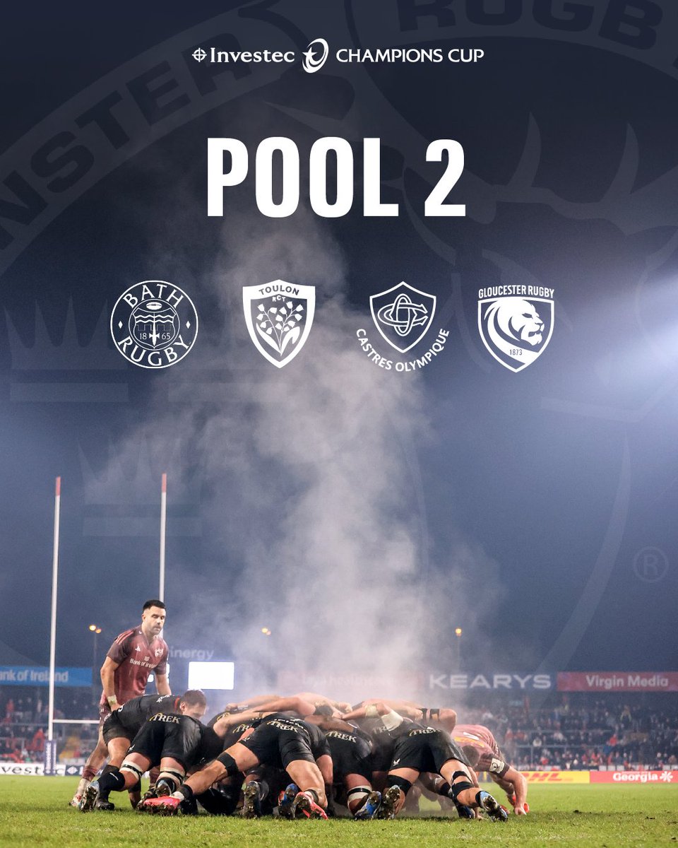 Munster Rugby (@munsterrugby) on Twitter photo Next season's Champions Cup opponents 👊
🆚We will face Bath, Toulon, Castres & Gloucester in the pool stages with fellow URC side Edinburgh also taking their place in Pool 2.
💻 bit.ly/4kokazX
#SUAF 🔴 | <a href="/ChampionsCup/">Investec Champions Cup</a> Next season's Champions Cup opponents 👊
🆚We will face Bath, Toulon, Castres & Gloucester in the pool stages with fellow URC side Edinburgh also taking their place in Pool 2.
💻 bit.ly/4kokazX
#SUAF 🔴 | <a href="/ChampionsCup/">Investec Champions Cup</a>