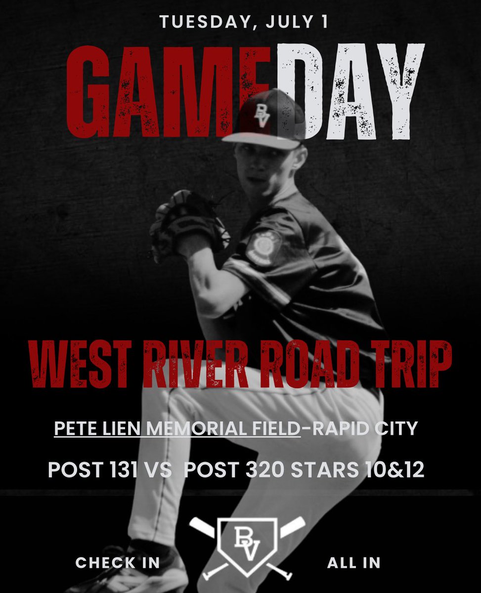 🚨GAME DAY!🚨

Post 131 will take on Post 320 on day 2 of the West River Road Trip.

📍Pete Lien Memorial Field
🆚 Post 320 Stars 10 &amp; 12 MT

CHECK IN - ALL IN