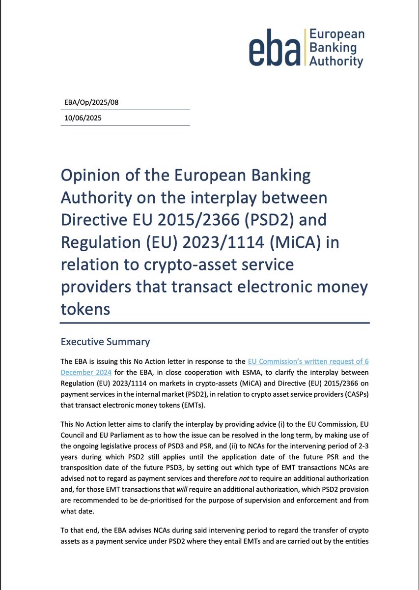 MiCA_Alliance's tweet image. On 10 June 2025, the @EBA_News issued a No Action Letter addressing key regulatory gap for crypto firms: the risk of dual authorisation under both #MiCA and PSD2 when dealing with electronic money tokens (#EMTs).
💡Under MiCA, EMTs (e.g. euro- or dollar-backed stablecoins) are…