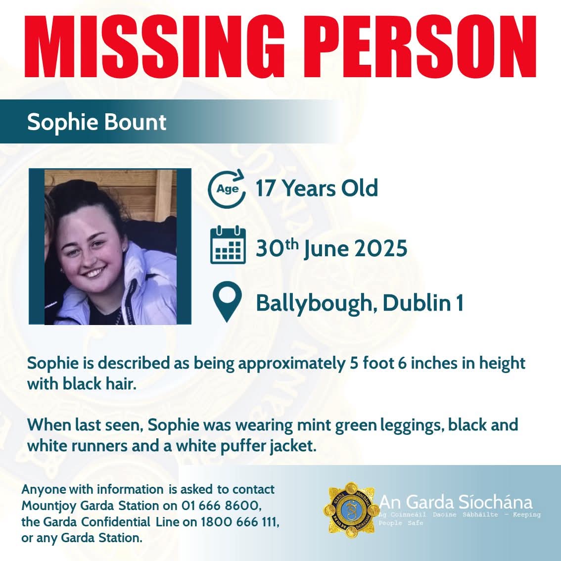 Please share #MissingPerson Sophie Bount from Ballybough last seen yesterday Monday. Family are concerned 🙏