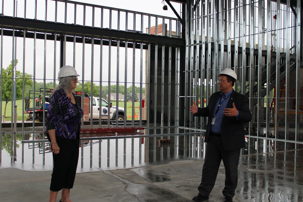 pentacareerctr's tweet photo. We’re making great progress on our two major projects here at Penta! 

📍 The Commons expansion now features newly encased pillars and headers, working spotlights to highlight the glass wall, and installed window frames and glass.
📍 The E-Mobility space has brick in place and freshly poured concrete.

On June 30, our Board of Education members toured the construction sites to see the exciting progress firsthand. We’re looking forward to putting these incredible new spaces to use when construction wraps up in October 2025! #PentaPride