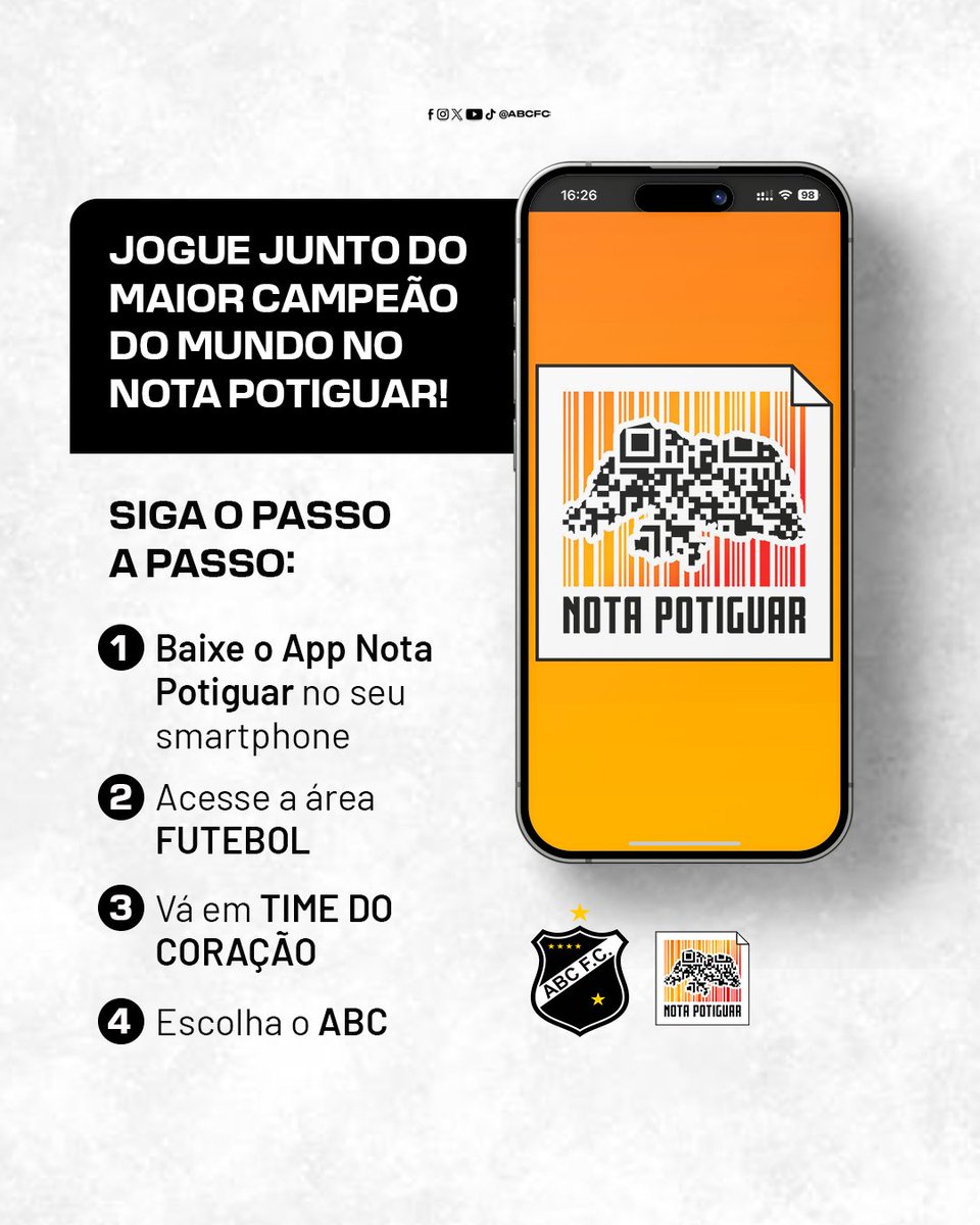 Faça parte da Torcida do ABC no <a href="/notapotiguar/">Nota Potiguar</a>! ⚫️⚪️

É só abrir o App Nota Potiguar no seu smartphone e seguir o passo a passo pra mostrar a força da Maior Torcida do RN!

#ABCFC
#NotaPotiguar
#OMaisQueridoDoRN