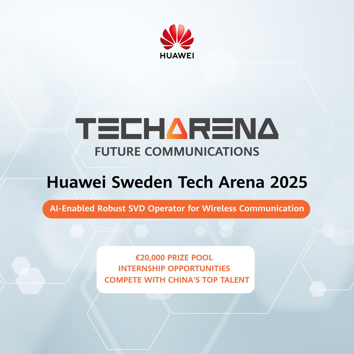 Who’s ready to innovate this summer?

Huawei Sweden Tech Arena  is back — compete online, solve cutting-edge wireless challenges, and win big.
💡 Open to EU students &amp; recent grads
🏆 €20,000 prize pool + internship opportunities

🗓️ Register now 👉 techarena-sweden.hackathon.com

#AI