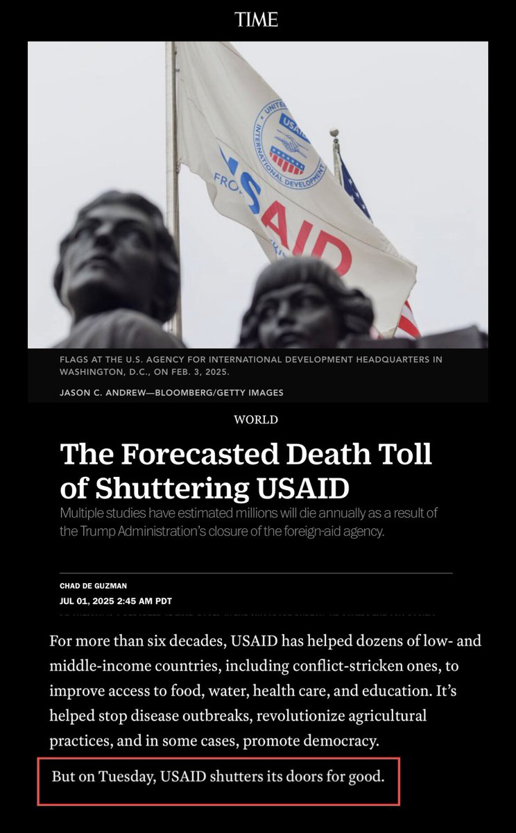 cwebbonline's tweet image. Today, USAID shuts down.

Experts say this could lead to 14 million deaths by 2030—including 4.5 million babies and children under 5.

Let’s not forget, Trump recently let a warehouse full of food aid rot rather than feed the hungry.

This isn’t America first. It’s America
