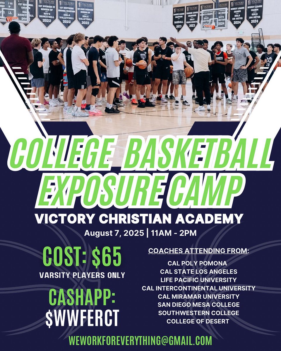 SoCal, I.E., LA and surrounding areas we are looking for varsity basketball players who want to compete, learn and play in front of College Coaches. Last event SOLD OUT! 

Do not miss out on this opportunity!

🗓️ Aug 7th 11am - 2pm 
📍 Victory Christian Academy, Chula Vista, CA