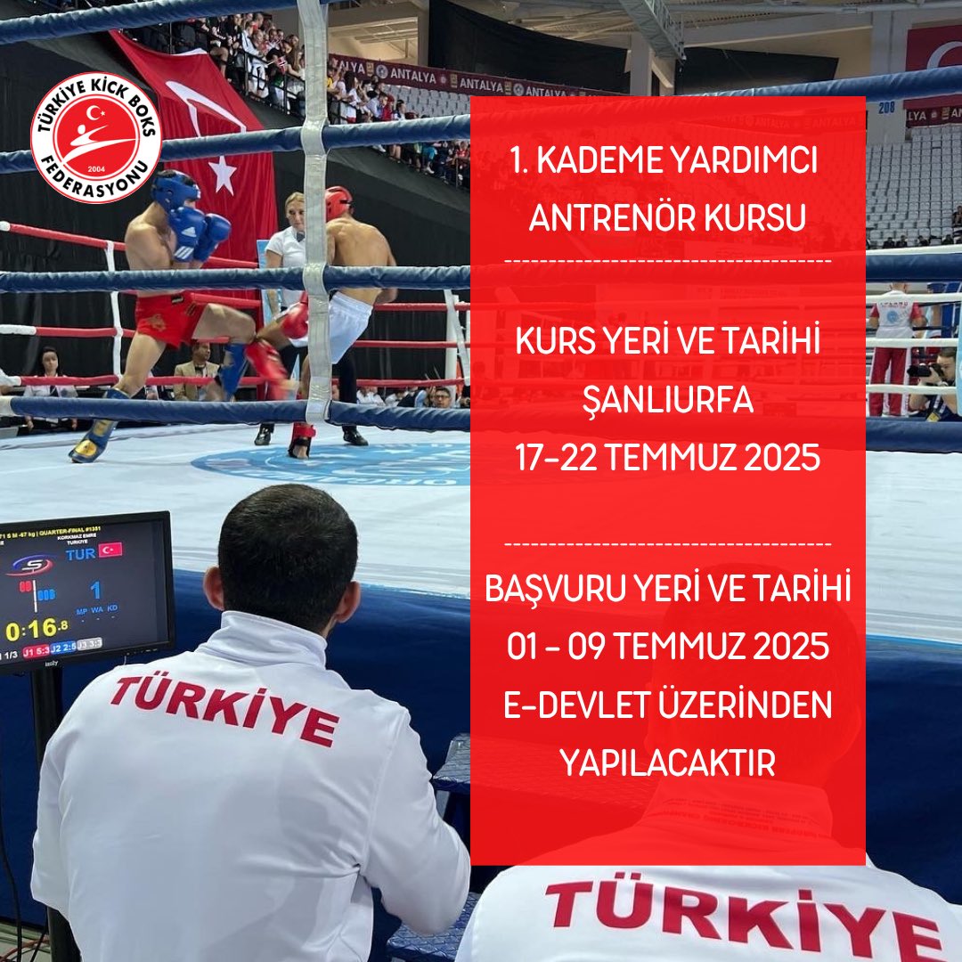 1.Kademe Yardımcı Antrenör Kursu 17-22 Temmuz 2025 tarihleri arasında Şanlıurfa’da yapılacaktır. Son başvuru tarihi 09 Temmuz.