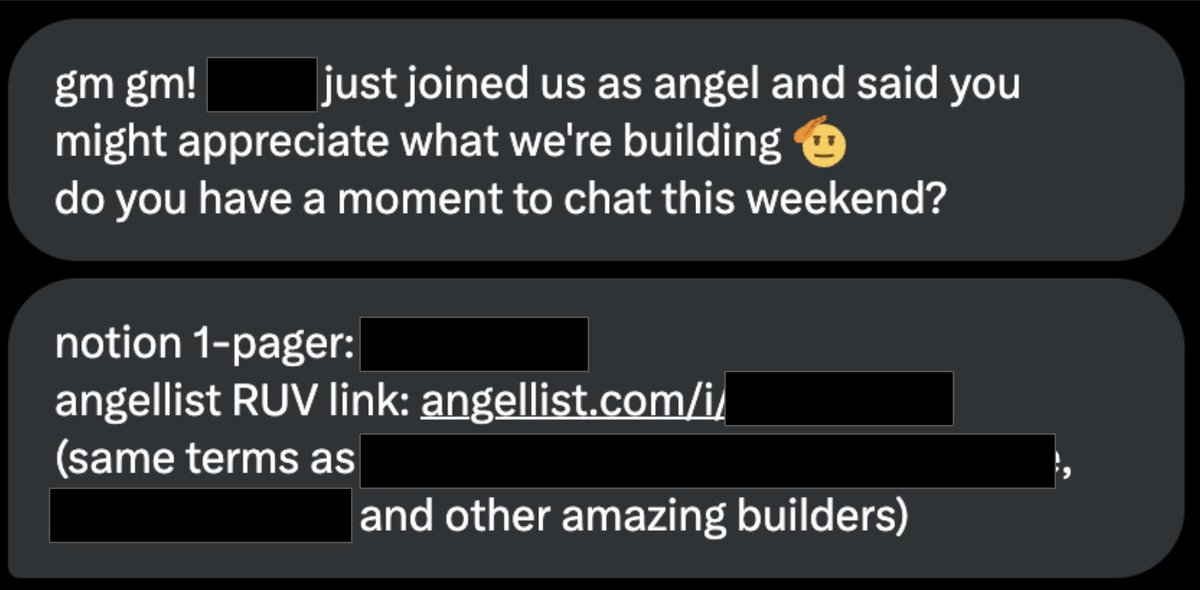 Viktor Bunin ๐ก๏ธ๐บ๐ธ (@viktorbunin) on Twitter photo This is one of the best cold fundraising DM's I've ever received.
-> link to immediately invest, no beating around the bush
-> quick one pager
-> show co-invest quality via other angels
-> chat this weekend. not next week. this weekend.
hopped on a call within 30m. This is one of the best cold fundraising DM's I've ever received.
-> link to immediately invest, no beating around the bush
-> quick one pager
-> show co-invest quality via other angels
-> chat this weekend. not next week. this weekend.
hopped on a call within 30m.