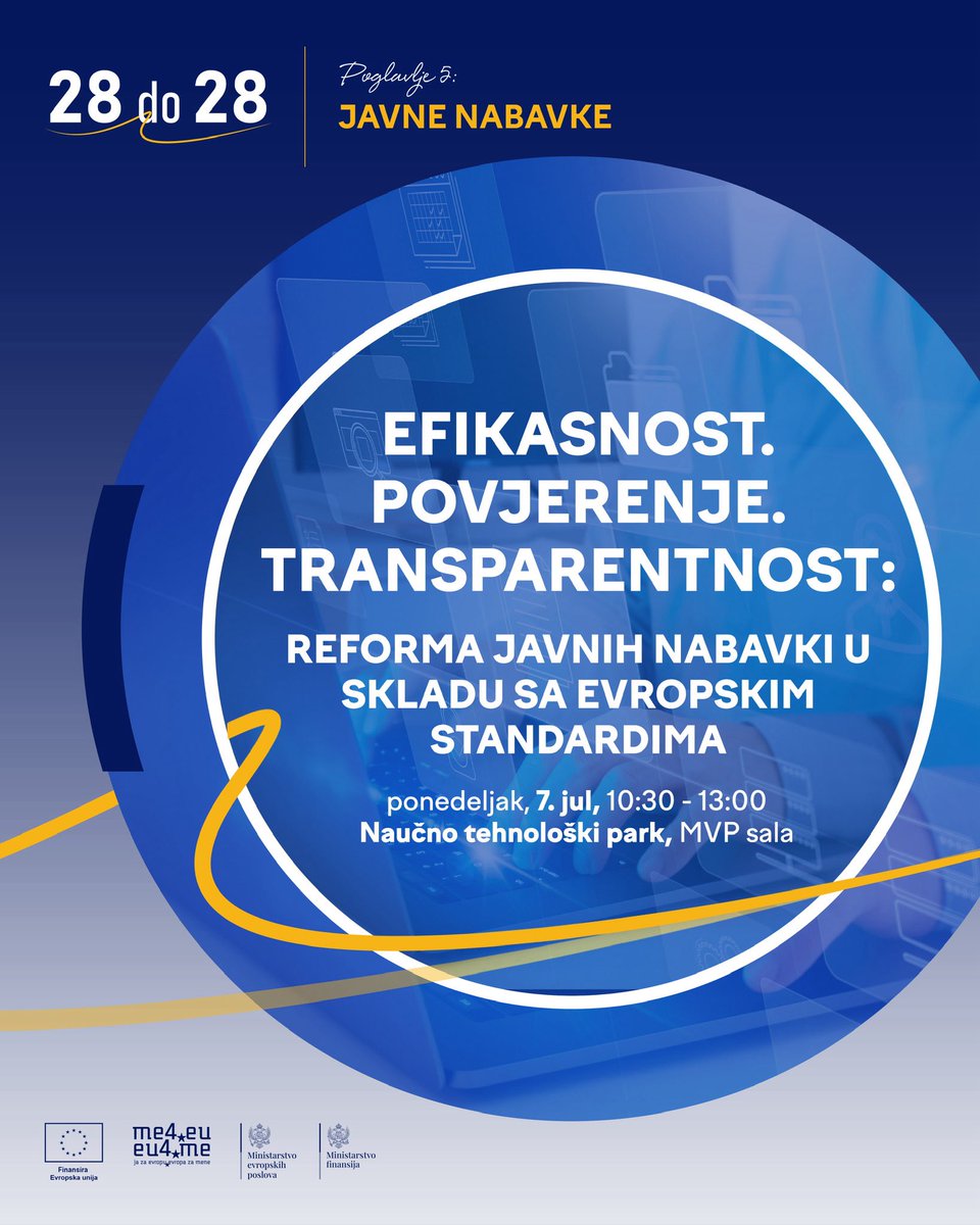 me4eu's tweet image. 📢 Panel: EFIKASNOST. POVJERENJE. TRANSPARENTNOST: Reforma javnih nabavki u skladu sa evropskim standardima
🗓️ 7. jul
📍 MVP sala, NTP
⏰ 10:30 – 13:00
📩 Prijave na: andjelika.durutovic@eu4me.me