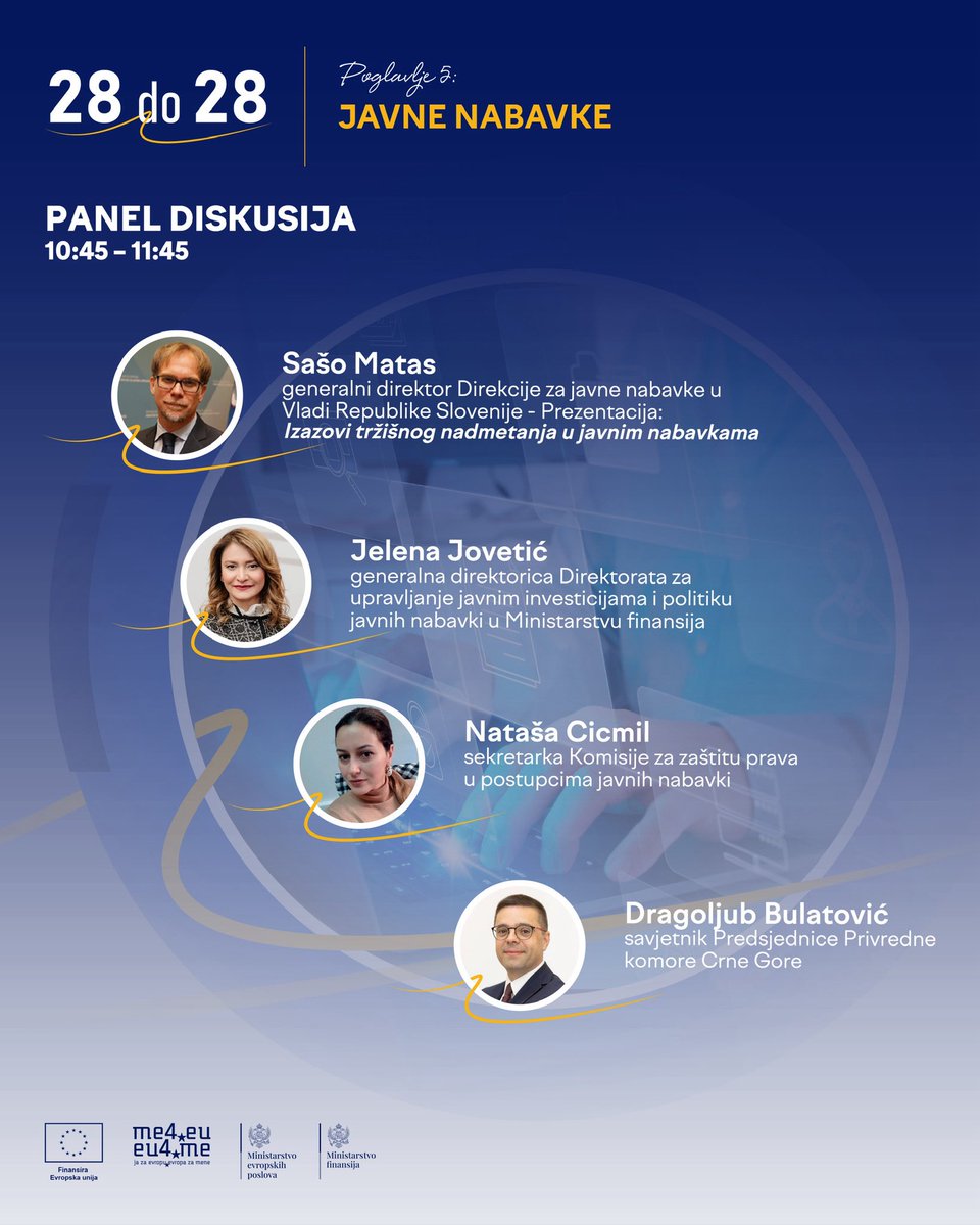 me4eu's tweet image. 📢 Panel: EFIKASNOST. POVJERENJE. TRANSPARENTNOST: Reforma javnih nabavki u skladu sa evropskim standardima
🗓️ 7. jul
📍 MVP sala, NTP
⏰ 10:30 – 13:00
📩 Prijave na: andjelika.durutovic@eu4me.me