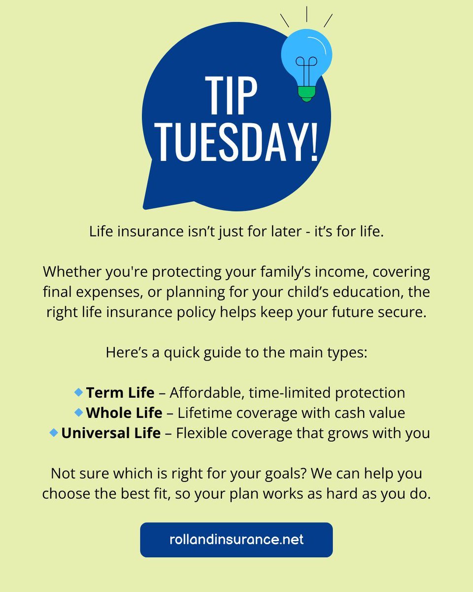 Rolland_ins's tweet photo. Life changes - and your life insurance should keep up. Let’s make sure your coverage fits your future!💡
#RollandInsurance #TipTuesday #LifeInsurance https://t.co/aMnK2SPoXD