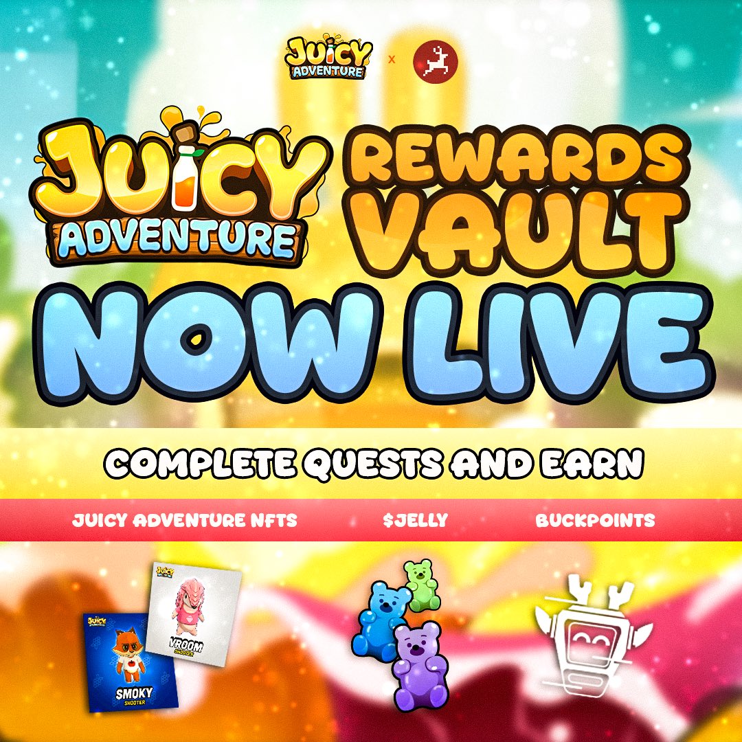 We’ve partnered with the legends at <a href="/BeraBucks/">BeraBucks 🐻⛓️</a> to give you more juicy rewards 🐻💸

🔎 Complete JA quests on BeraBucks
🏆 Stack BuckPoints
💰 Earn from a pool of 250K $JELLY + Shooter NFTs on <a href="/base/">Base</a> 

New quests are LIVE NOW! 
Start your adventure 👉 berabucks.com/game/juicy-adv…