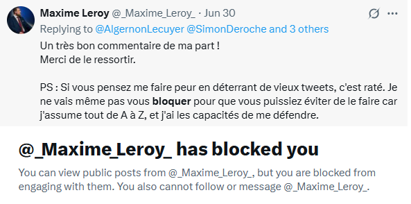 Maxime Leroy assume tout de A à Z, mais pas plus de 24 heures après quoi il se dégonfle! Encore un #fragile, #menteur et supporter de #Riaumont #PartiDeLaFarce