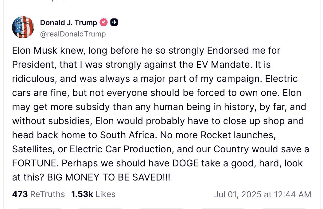 Sergio Rodriguez (Blue Checkmark) (@lyftgyft) on Twitter photo Wait…… I thought <a href="/realDonaldTrump/">Donald J. Trump</a> and others were trying to convince us that South Africa was terrible for people like Elon. If it is that terrible, why would <a href="/realDonaldTrump/">Donald J. Trump</a> casually mention that <a href="/elonmusk/">Elon Musk</a> would head back home? Is it dangerous or nah?
"Elon may get more Wait…… I thought <a href="/realDonaldTrump/">Donald J. Trump</a> and others were trying to convince us that South Africa was terrible for people like Elon. If it is that terrible, why would <a href="/realDonaldTrump/">Donald J. Trump</a> casually mention that <a href="/elonmusk/">Elon Musk</a> would head back home? Is it dangerous or nah?
"Elon may get more