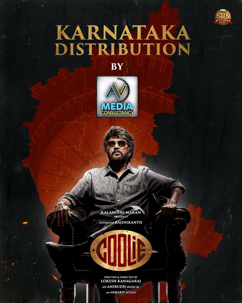 Venkatesh (@venkatavmedia) on Twitter photo After the Blockbuster success of #Jailer, We are Happy to associate once again with SuperStar <a href="/rajinikanth/">Rajinikanth</a> & <a href="/sunpictures/">Sun Pictures</a> for the Karnataka release of #Coolie 💥
#Coolie releasing worldwide August 14th
<a href="/rajinikanth/">Rajinikanth</a> <a href="/Dir_Lokesh/">Lokesh Kanagaraj</a> <a href="/anirudhofficial/">Anirudh Ravichander</a> <a href="/iamnagarjuna/">Nagarjuna Akkineni</a> <a href="/nimmaupendra/">Upendra</a> After the Blockbuster success of #Jailer, We are Happy to associate once again with SuperStar <a href="/rajinikanth/">Rajinikanth</a> & <a href="/sunpictures/">Sun Pictures</a> for the Karnataka release of #Coolie 💥
#Coolie releasing worldwide August 14th
<a href="/rajinikanth/">Rajinikanth</a> <a href="/Dir_Lokesh/">Lokesh Kanagaraj</a> <a href="/anirudhofficial/">Anirudh Ravichander</a> <a href="/iamnagarjuna/">Nagarjuna Akkineni</a> <a href="/nimmaupendra/">Upendra</a>