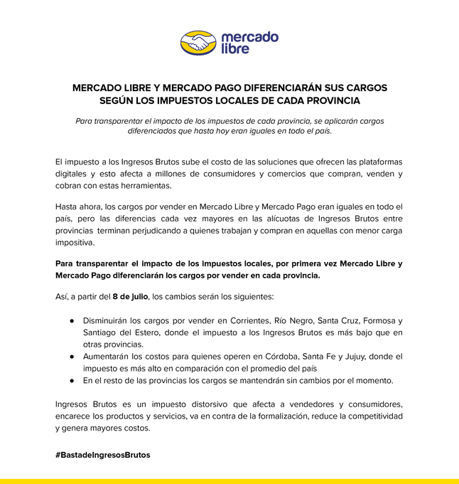 BertainaJuanB's tweet photo. 1) Las empresas y personas que venden en @ML_Argentina  desde CÓRDOBA tendrán un costo adicional a partir del 8 de Julio debido al impacto del impuesto a los INGRESOS BRUTOS.

@MartinLlaryora  lo esta haciendo posible, con un gobierno provincial que aplasta al sector privado. https://t.co/h726e5Mgqo