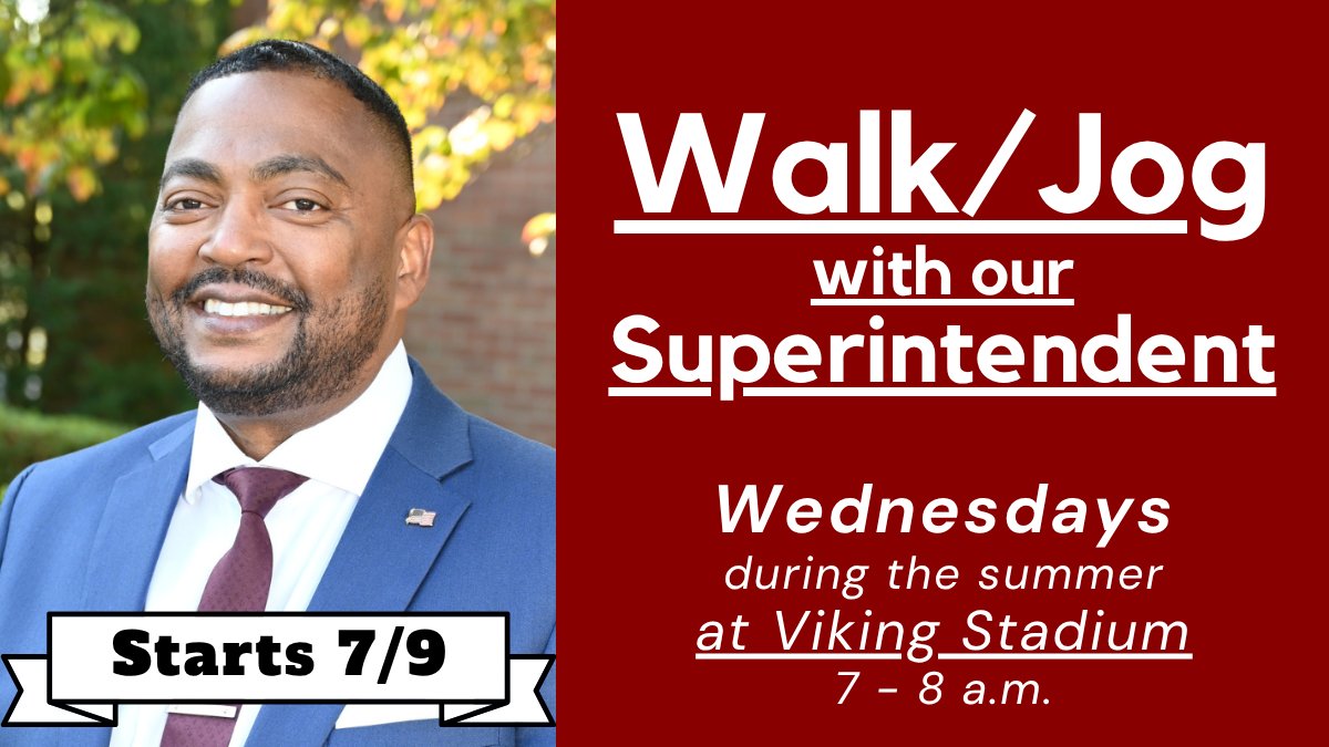 WEDNESDAYS: Valhalla’s uplifting “Walk/Jog with Our Superintendent” events are back! Starting next week, Superintendent Kevin McLeod will host the weekly events. The first Walk/Jog will be on Wednesday, July 9, from 7-8 a.m. at Viking Stadium. Learn more: bit.ly/3G52zPD