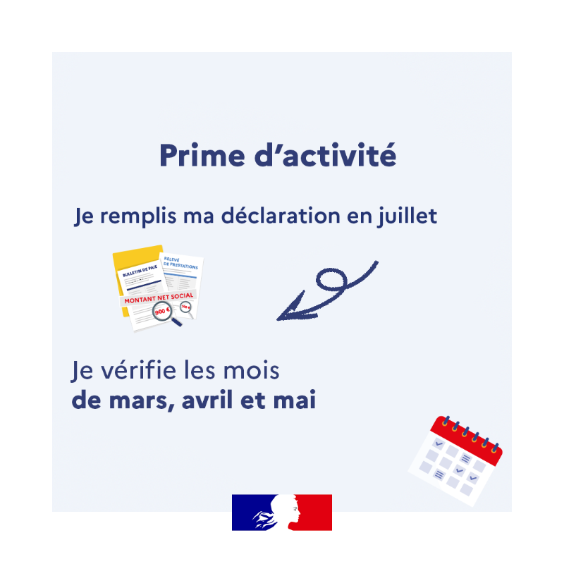 msa_actu's tweet photo. Grâce à la Solidarité à la source, la déclaration trimestrielle de la prime d’activité est pré-remplie dès le 1er juillet. À vérifier et valider simplement. 
Autre nouveauté : le calendrier change. 
✅ En juillet, vérifier mars, avril, mai. + d'infos 👉 https://t.co/YxjBGjR3C5