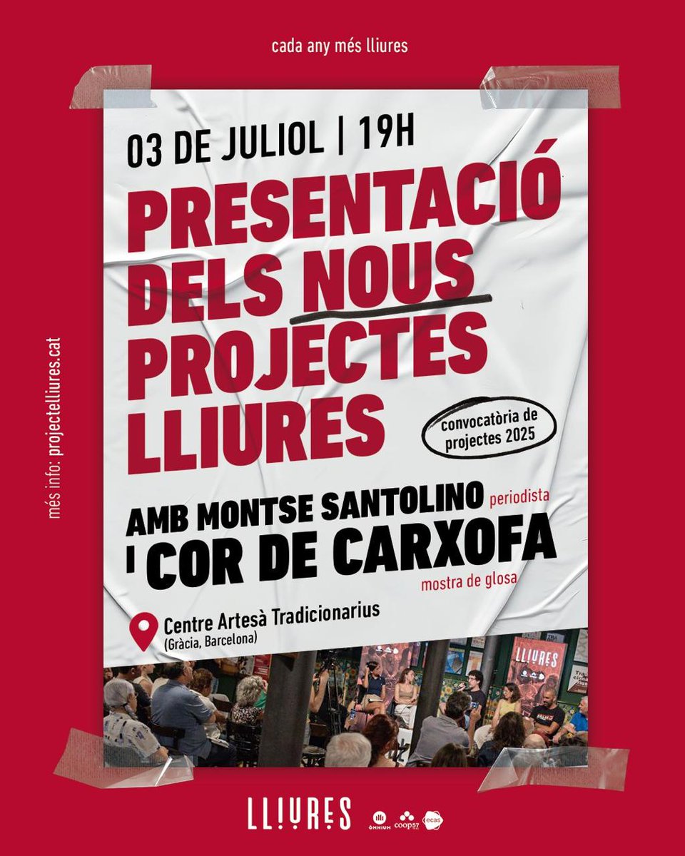 Xavier Antich (@xavierantich) on Twitter photo Cada any, el <a href="/projectelliures/">Projecte Lliures</a> acompanya projectes transformadors d'arreu del país. El millor antídot contra el pessimisme: la feina coordinada, constant i tangible contra les desigualtats.
Aquest dijous coneixerem les propostes d'enguany de la mà de la <a href="/montsanto/">Montse Santo</a>. Ens hi veiem! Cada any, el <a href="/projectelliures/">Projecte Lliures</a> acompanya projectes transformadors d'arreu del país. El millor antídot contra el pessimisme: la feina coordinada, constant i tangible contra les desigualtats.
Aquest dijous coneixerem les propostes d'enguany de la mà de la <a href="/montsanto/">Montse Santo</a>. Ens hi veiem!