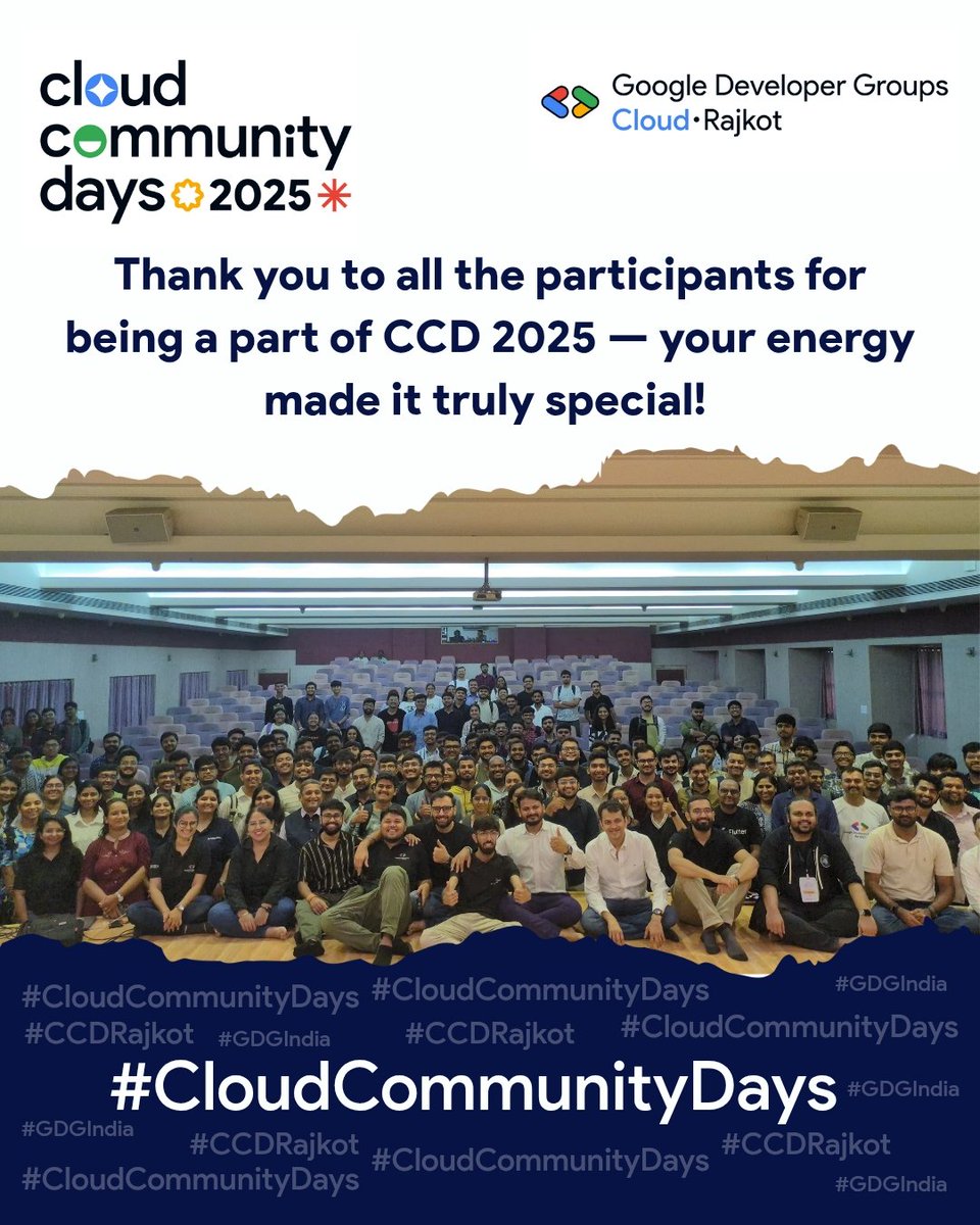 We’re filled with gratitude! 🙌
To everyone who made #CCD2025 a success—your presence, energy &amp; participation meant the world 💙
Let’s keep building, learning, and growing together!
#CCDRajkot #CloudCommunityDays #GDGIndia #DevCommunity