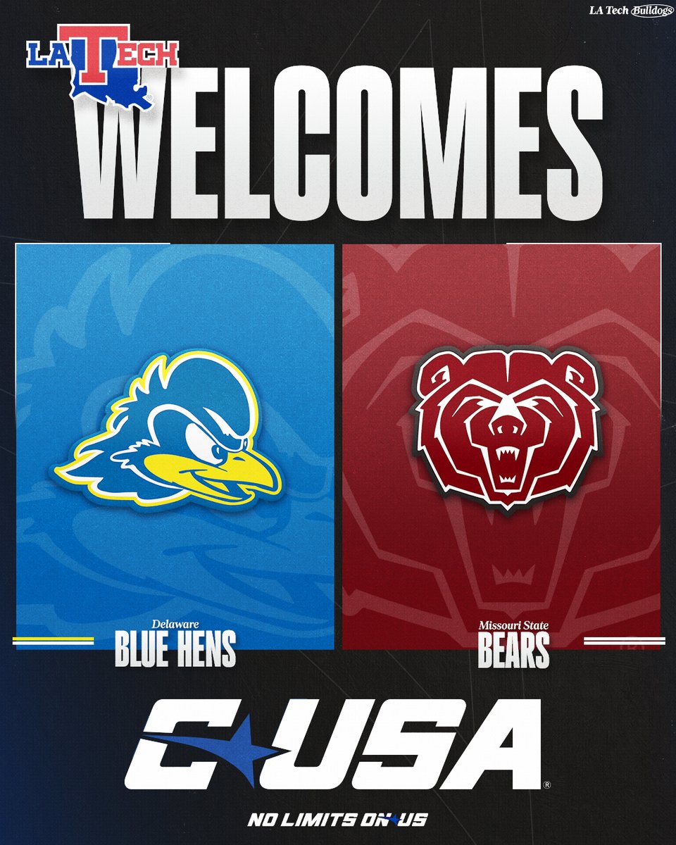 LA Tech Sports (@latechsports) on Twitter photo Officially welcoming <a href="/UDBlueHens/">Delaware Blue Hens</a> & <a href="/MissouriStBears/">Missouri State Athletics</a> to <a href="/ConferenceUSA/">Conference USA</a>!!
#NoLimitsOnUs Officially welcoming <a href="/UDBlueHens/">Delaware Blue Hens</a> & <a href="/MissouriStBears/">Missouri State Athletics</a> to <a href="/ConferenceUSA/">Conference USA</a>!!
#NoLimitsOnUs