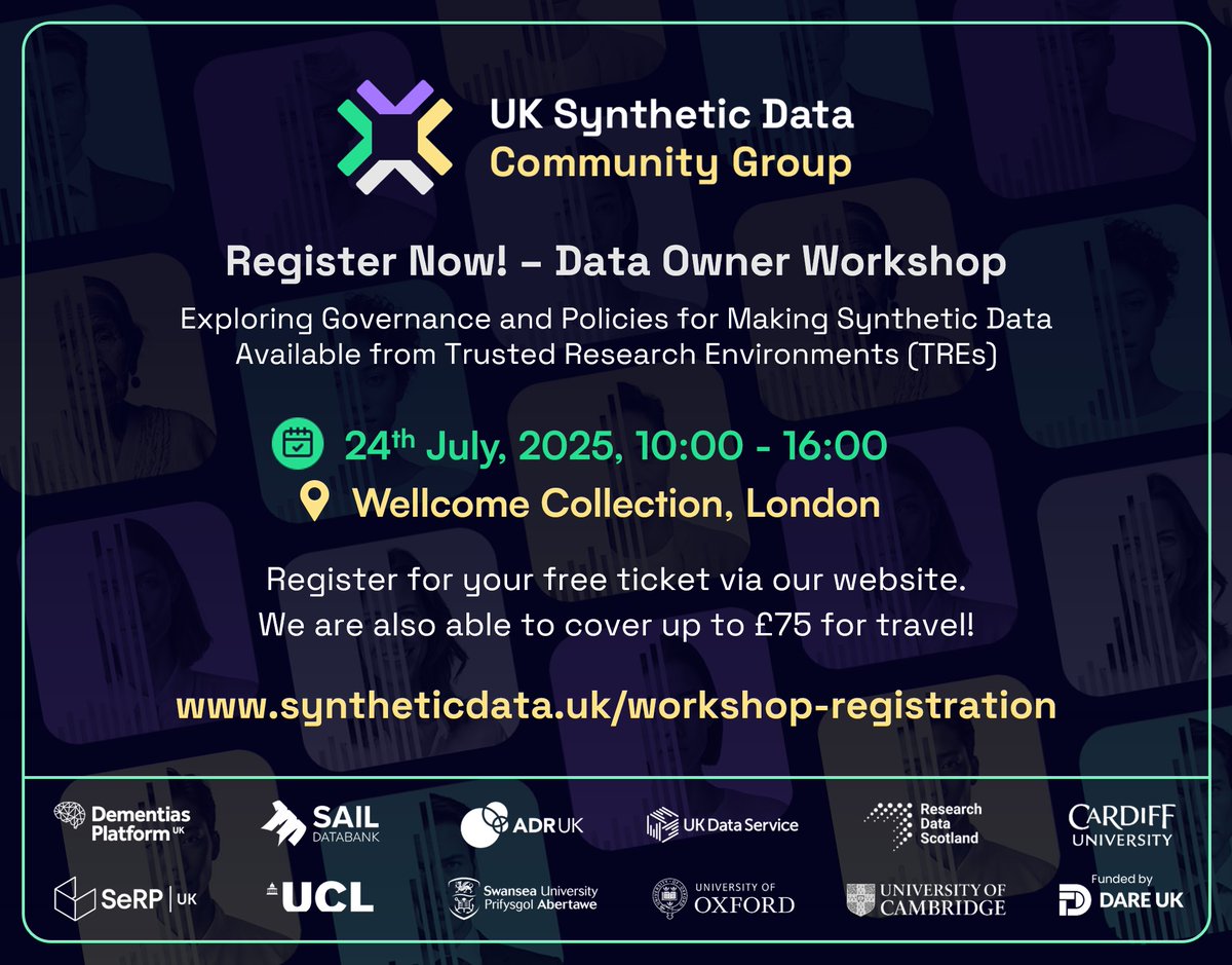 DPUKDataPortal's tweet image. Excited to bring together data owners, TRE operators, and key stakeholders for the synthetic data owner&apos;s workshop to shape the responsible use of synthetic data, ensuring it is deployed safely, effectively and with public trust at its core

Register here: syntheticdata.uk/workshop-regis…