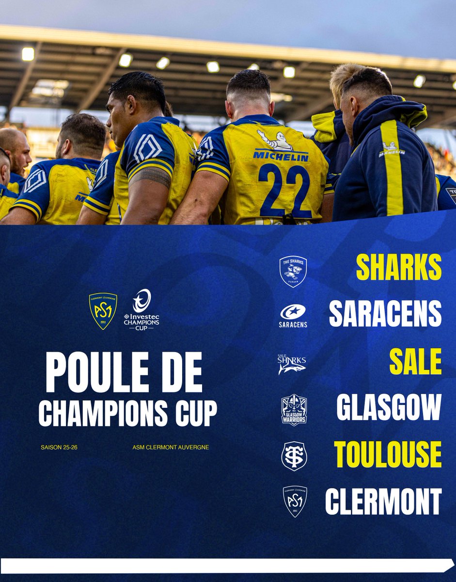 ASM Rugby (@asmofficiel) on Twitter photo ๐ฟ๐ช ๐จ๐ค๐ก๐๐๐ ๐๐๐ฃ๐จ ๐ก๐ ๐ฅ๐ค๐ช๐ก๐ ๐๐ ๐พ๐๐๐ข๐ฅ๐๐ค๐ฃ๐จ ๐พ๐ช๐ฅ
Les Clermontois ont hรฉritรฉ d'une poule trรจs relevรฉe en <a href="/ChampionsCup/">Investec Champions Cup</a> Avec le <a href="/StadeToulousain/">Stade Toulousain</a> , ils devront batailler avec <a href="/Saracens/">Saracens Rugby Club</a> <a href="/SaleSharksRugby/">Sale Sharks ๐ฆ</a> ๐ด๓ ง๓ ข๓ ฅ๓ ฎ๓ ง๓ ฟ, <a href="/GlasgowWarriors/">Glasgow Warriors</a> ๐ด๓ ง๓ ข๓ ณ๓ ฃ๓ ด๓ ฟ et les <a href="/SharksRugby/">The Sharks</a> ๐ฟ๐ฆ ๐ฟ๐ช ๐จ๐ค๐ก๐๐๐ ๐๐๐ฃ๐จ ๐ก๐ ๐ฅ๐ค๐ช๐ก๐ ๐๐ ๐พ๐๐๐ข๐ฅ๐๐ค๐ฃ๐จ ๐พ๐ช๐ฅ
Les Clermontois ont hรฉritรฉ d'une poule trรจs relevรฉe en <a href="/ChampionsCup/">Investec Champions Cup</a> Avec le <a href="/StadeToulousain/">Stade Toulousain</a> , ils devront batailler avec <a href="/Saracens/">Saracens Rugby Club</a> <a href="/SaleSharksRugby/">Sale Sharks ๐ฆ</a> ๐ด๓ ง๓ ข๓ ฅ๓ ฎ๓ ง๓ ฟ, <a href="/GlasgowWarriors/">Glasgow Warriors</a> ๐ด๓ ง๓ ข๓ ณ๓ ฃ๓ ด๓ ฟ et les <a href="/SharksRugby/">The Sharks</a> ๐ฟ๐ฆ
