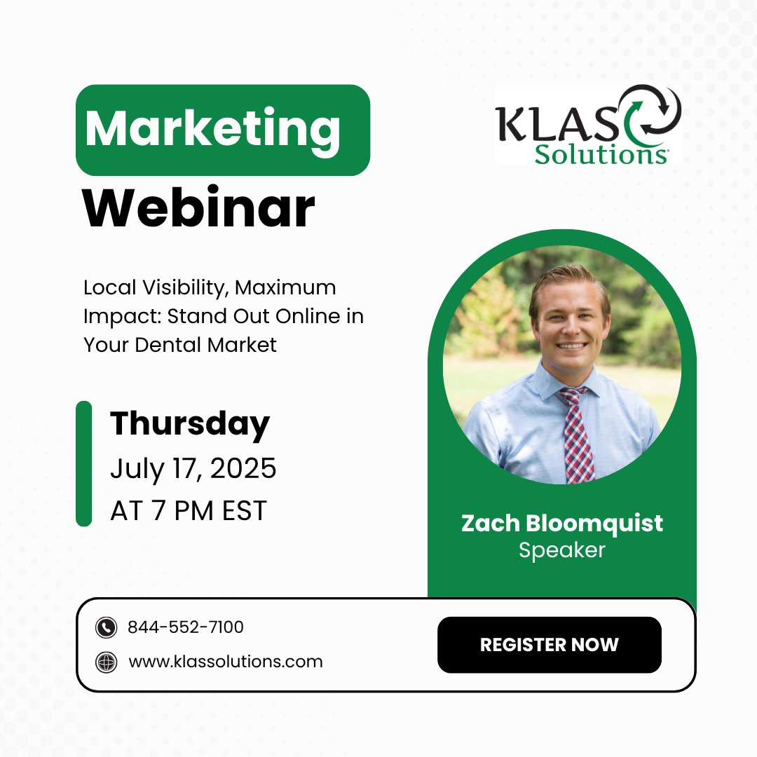 KLASSolutions's tweet photo. Join us July 17 at 7PM ET for our webinar: Local Visibility, Maximum Impact. Learn how to stand out online in your dental market and bring in more new patients. 

Don’t miss out—register today! 💻 https://t.co/MBtU5e2clo

#webinar #marketing #dentalmarketing #KLASSolutions https://t.co/x9QITxOShS