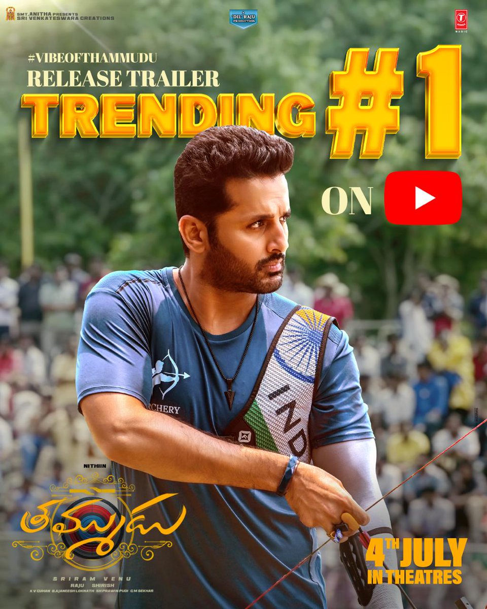 Sriram Murthy (@murthymallala) on Twitter photo The action-packed & explosive #VibeOfThammudu reigning on YouTube 🔥
#Thammudu Release Trailer Trending #1 💥
▶️ youtu.be/a4zhGpKWSy8
#ThammuduOnJuly4th 🎯
<a href="/actor_nithiin/">nithiin</a> #SriramVenu #Laya <a href="/gowda_sapthami/">Sapthami Gowda</a> #SaurabhSachdeva <a href="/VarshaBollamma/">Varsha Bollamma</a> #Swasika <a href="/AJANEESHB/">B AJANEESH LOKNATH</a> <a href="/GAYATHRIGSAK/">Gayathri Sriram</a> The action-packed & explosive #VibeOfThammudu reigning on YouTube 🔥
#Thammudu Release Trailer Trending #1 💥
▶️ youtu.be/a4zhGpKWSy8
#ThammuduOnJuly4th 🎯
<a href="/actor_nithiin/">nithiin</a> #SriramVenu #Laya <a href="/gowda_sapthami/">Sapthami Gowda</a> #SaurabhSachdeva <a href="/VarshaBollamma/">Varsha Bollamma</a> #Swasika <a href="/AJANEESHB/">B AJANEESH LOKNATH</a> <a href="/GAYATHRIGSAK/">Gayathri Sriram</a>