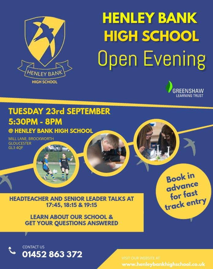 Our Year 6 Open Evening on Tuesday 23rd September is now live on the website. Follow the link to book your place and find out more about Henley Bank High School: tinyurl.com/5n873d24 .