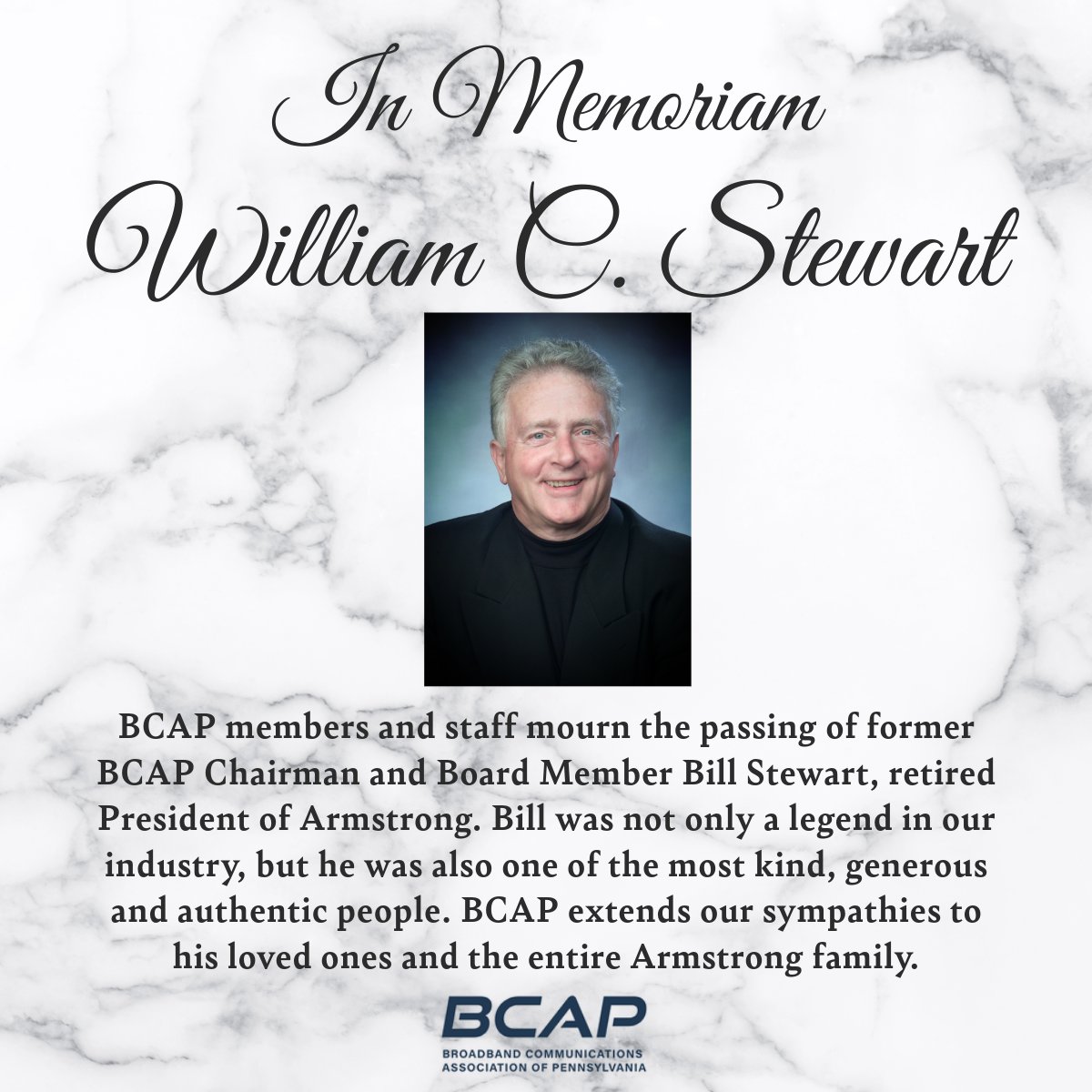 BCAP is saddened to learn about the loss of cable pioneer, former BCAP chairman and board member, and long-time <a href="/followarmstrong/">Armstrong</a>  President, William Stewart of Butler, who passed away June 26, 2025.

Full statement: bcapa.com/docs/Stewart_s…