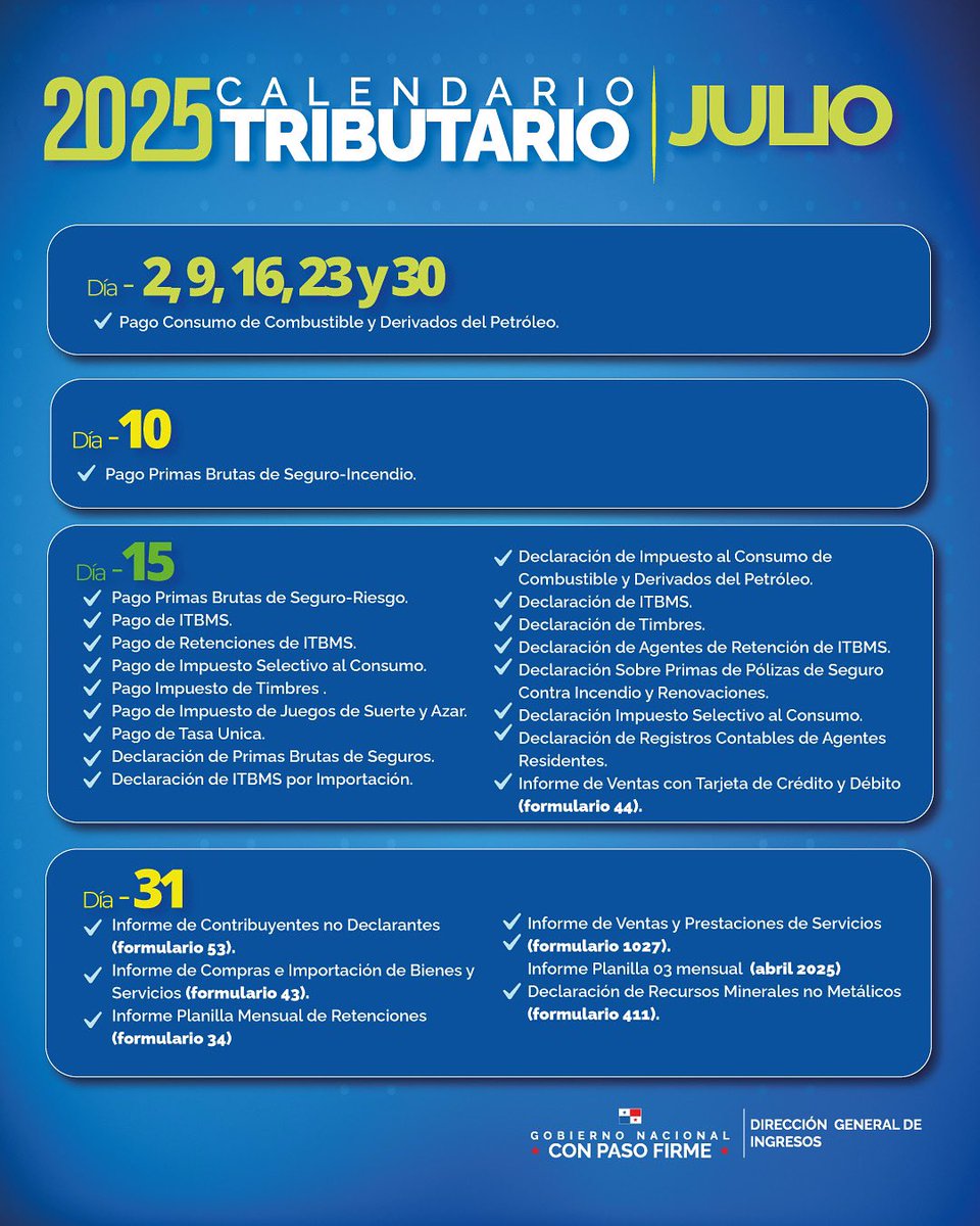 DGI PANAMA (@dgipma) on Twitter photo Estimado contribuyente, te compartimos el Calendario Tributario del mes de julio. Estimado contribuyente, te compartimos el Calendario Tributario del mes de julio.