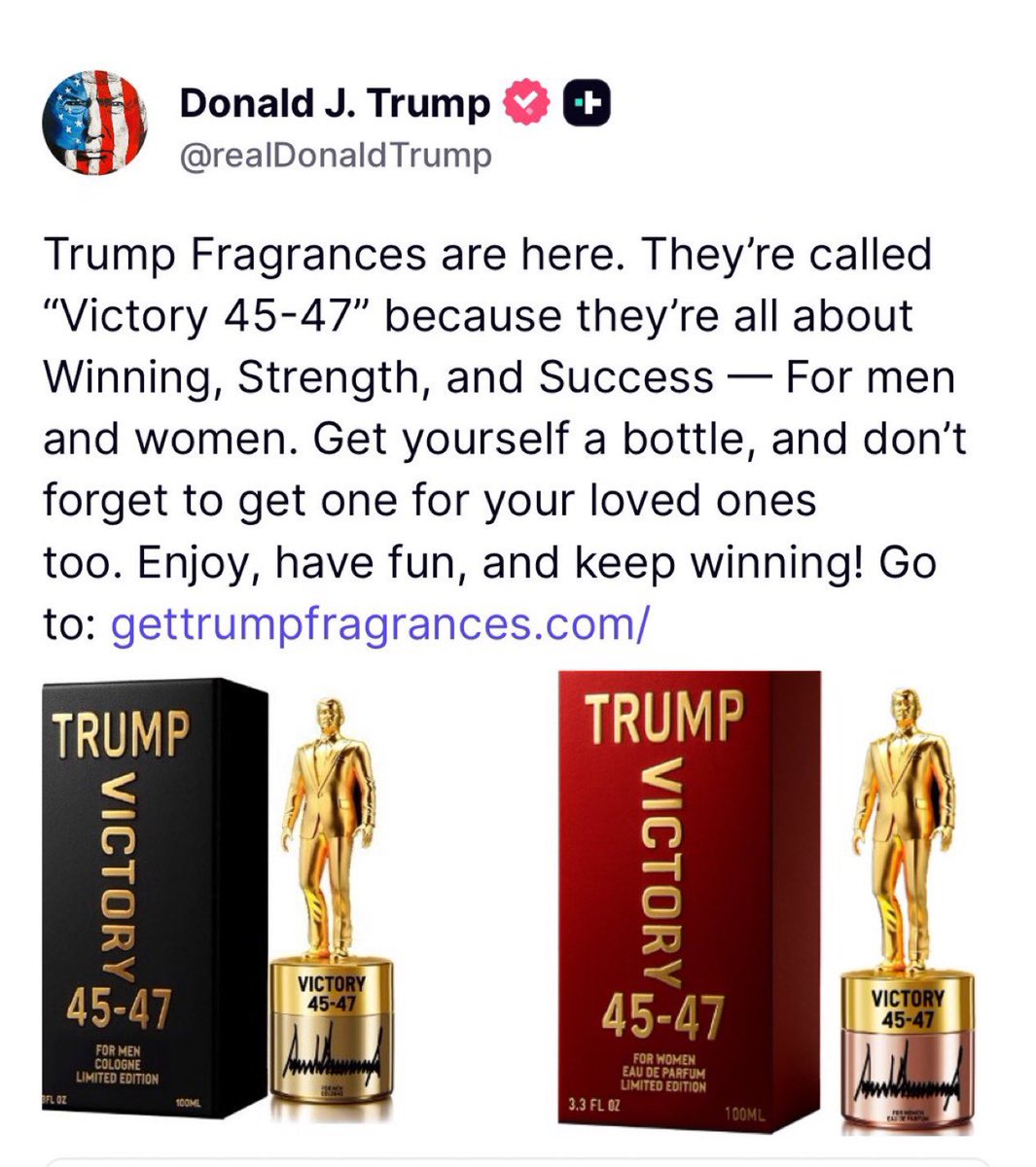 🇺🇸 | El presidente de los Estados Unidos ahora vende frascos de perfume para hombre y mujeres: Fragancias Trump por 249 dólares la botella.