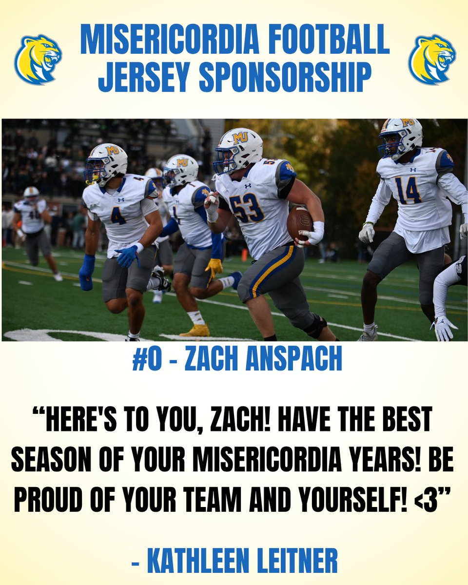 Misericordia University Football (@mucougarsfb) on Twitter photo Thank you to Kathleen Leitner for your sponsorship of #0 SR DL Zach Anspach (<a href="/AnspachZach/">Zach Anspach</a>)
If you are interested in sponsoring a Jersey click HERE⬇️ misericordia.edu/football-jerse… Thank you to Kathleen Leitner for your sponsorship of #0 SR DL Zach Anspach (<a href="/AnspachZach/">Zach Anspach</a>)
If you are interested in sponsoring a Jersey click HERE⬇️ misericordia.edu/football-jerse…