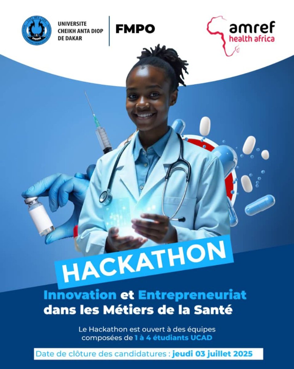 #opportunités 

L'Université Cheikh Anta Diop de Dakar (UCAD), à travers la Faculté de Médecine, de Pharmacie et d'Odontologie et le Pôle Étudiant Entrepreneur, s'associe à AMREF Health Africa pour organiser un Hackathon innovant.