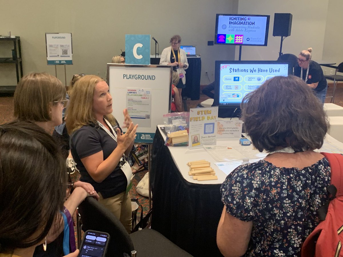 JStetinaTRT's tweet image. The #istelive2025 School Library Playground featured Park View’s Library Media Specialist, @HartsellLibrary, who shared her innovative Stem Field Day activities, sparking lots of inspiration for attendees! @jennthomas75 @PortsVASchools @VAASL @ebracyPPS