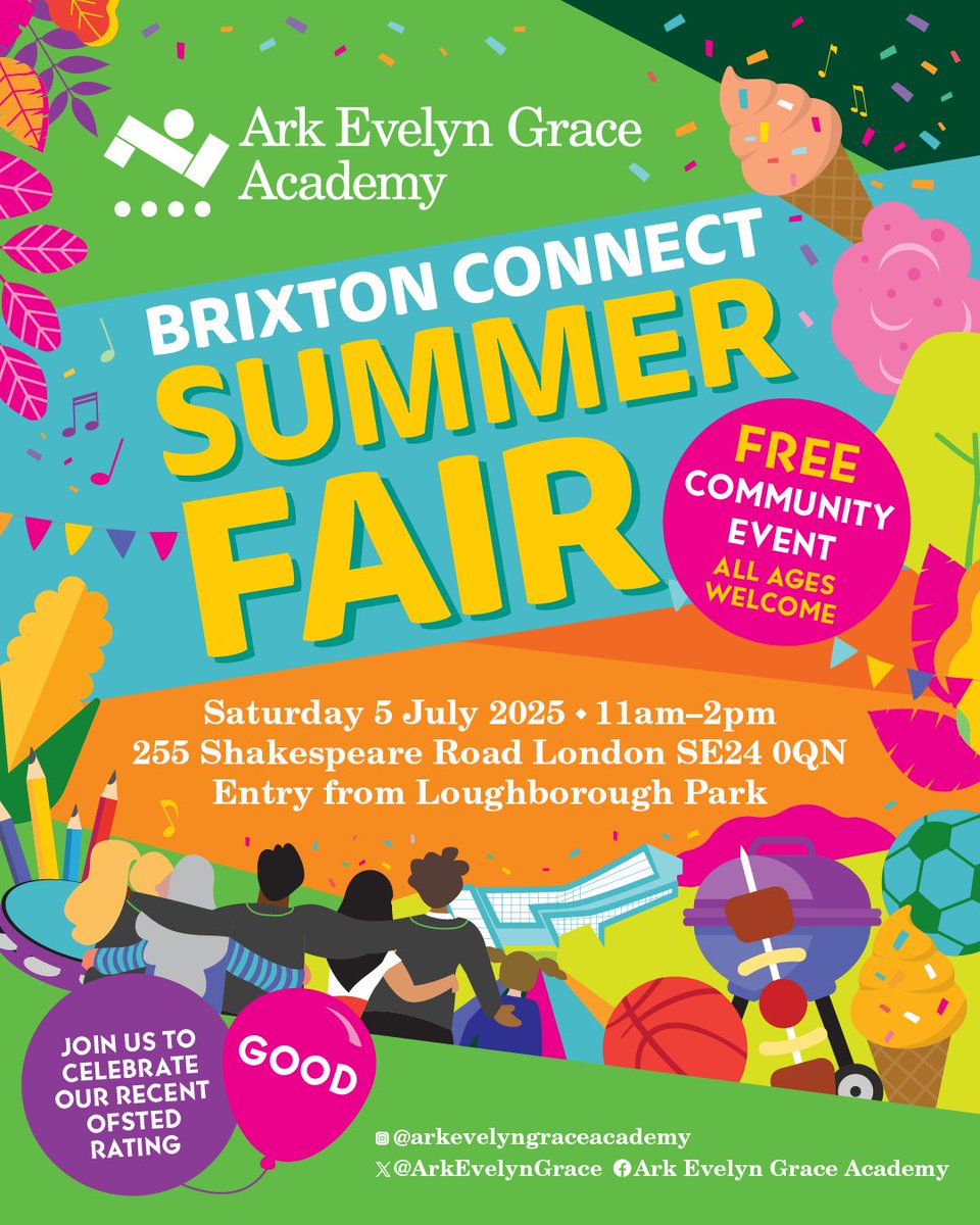 Only 4 sleeps to go until our Summer Fair – Brixton Connect! 🎉

Join us for a FREE day of family fun:
✨ Delicious food
🎤 Student entertainment
⚽ Penalty shootout w/ <a href="/Arsenal/">Arsenal</a>
🎁 Epic raffle: bike, air fryer, cash &amp; more!
Don't miss it!
