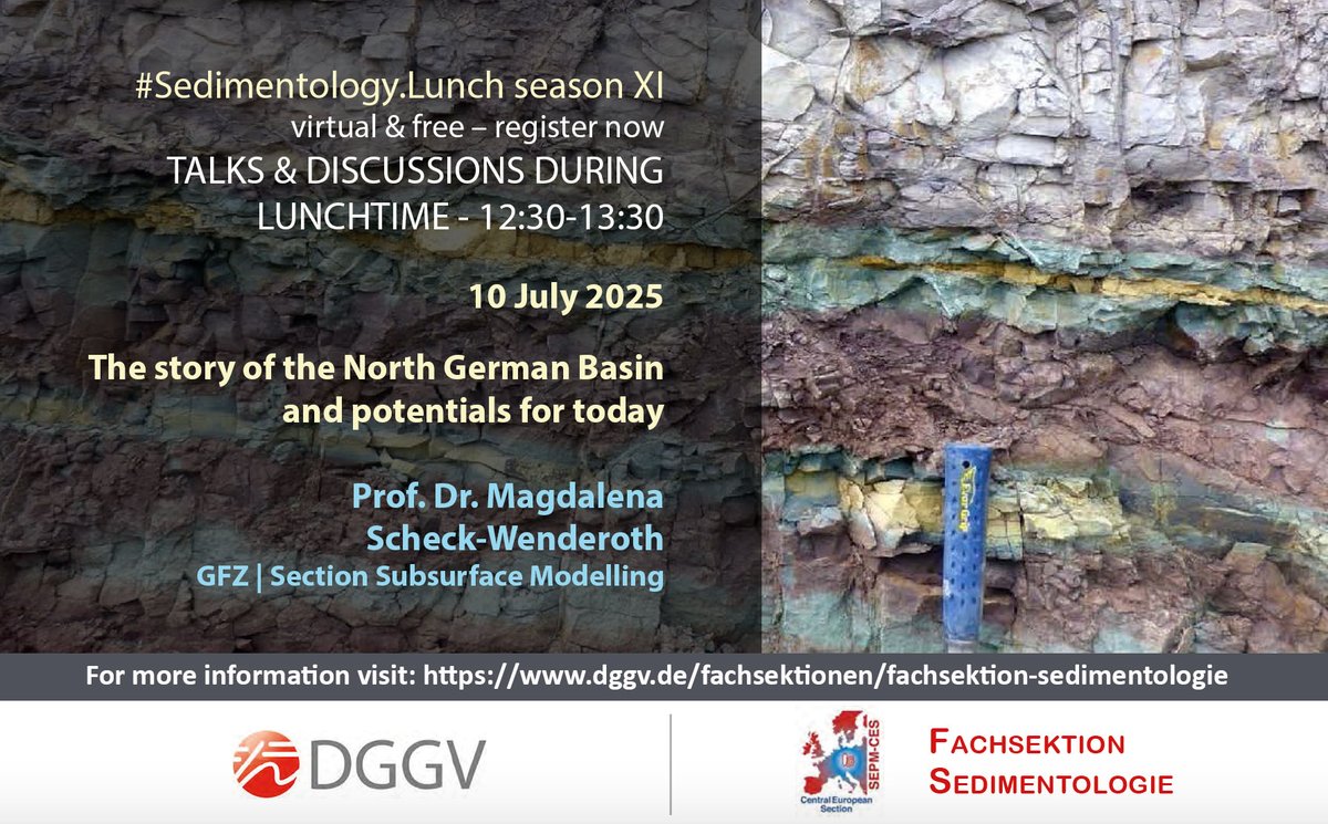 The upcoming Sedimentology.Lunch-Talk (July 10) will focus on “The Story of the North German Basin and Potentials for Today” – presented by Prof. Dr. Magdalena Scheck-Wenderoth from GFZ.
dggv.de/bildungsangebo… #sedimentology #talks #research <a href="/DGGV_de/">DGGV - Deutsche Geologische Gesellschaft - Geol Ve</a> #GFZ <a href="/GFZ_Potsdam/">GFZ</a>
