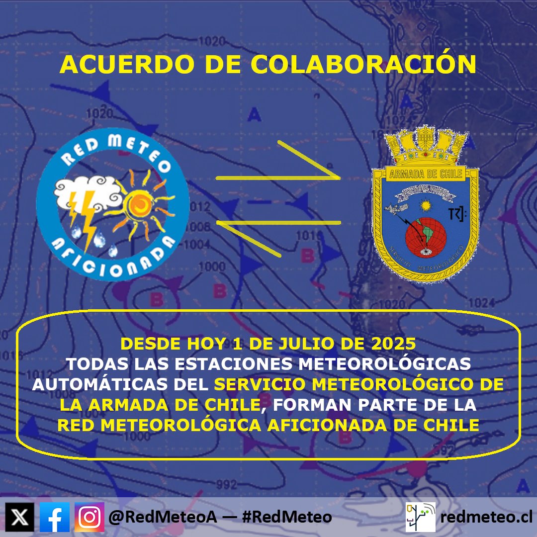 Red MeteoAficionada (@redmeteoa) on Twitter photo ¡Comenzamos el mes de julio con una gran noticia! 🙌🏻
A contar de este 1 de julio de 2025, todas las estaciones meteorológicas automáticas (EMAs) del <a href="/Servimet_Armada/">Servicio Meteorológico de la Armada de Chile</a> forman parte de #RedMeteo 🌐
Lo anterior, fruto de un acuerdo de colaboración mutuo entre ambas entidades 🤝🏻 ¡Comenzamos el mes de julio con una gran noticia! 🙌🏻
A contar de este 1 de julio de 2025, todas las estaciones meteorológicas automáticas (EMAs) del <a href="/Servimet_Armada/">Servicio Meteorológico de la Armada de Chile</a> forman parte de #RedMeteo 🌐
Lo anterior, fruto de un acuerdo de colaboración mutuo entre ambas entidades 🤝🏻