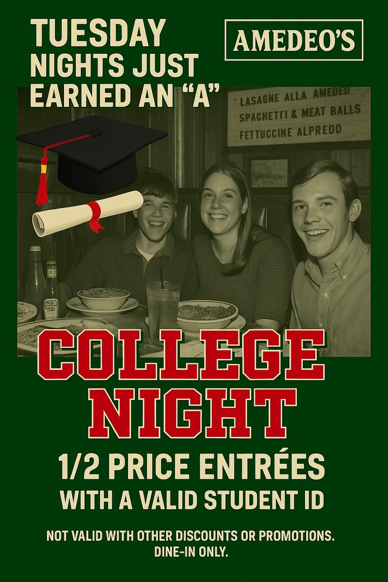 AmedeosRaleigh's tweet image. School’s out. 🍝 Pasta’s in.
Back in #Raleigh for summer? Whether you’re #Wolfpack, #TarHeel, or #BlueDevil—College Night at Amedeo’s means 50% off entrées with student ID.
All schools welcome. All vibes delicious.