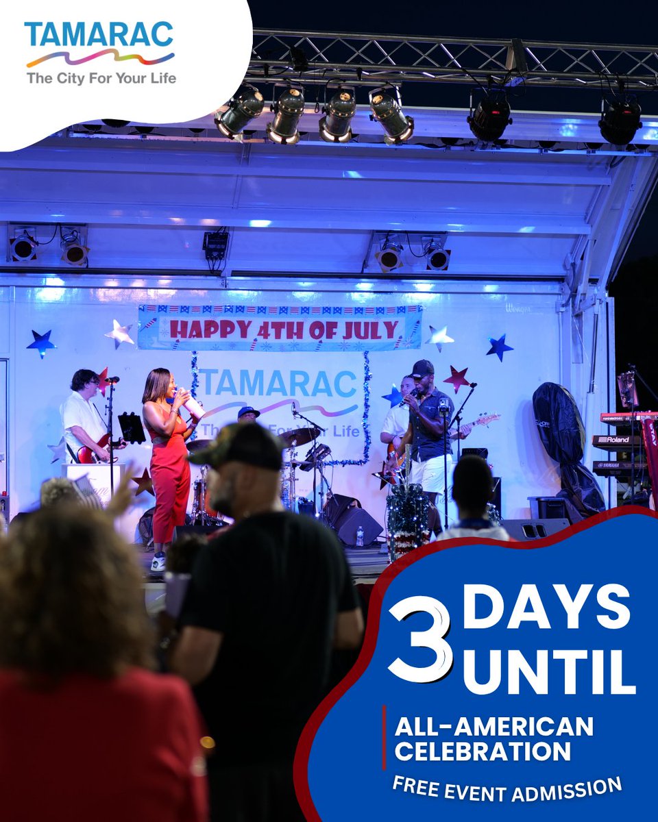 In 3 days, showcase your patriotic pride and get ready to dance under the stars at the All-American Celebration at the Tamarac Sports Complex, 9901 NW 77th St. Sport your red, white and blue! Admission is free, and the event begins at 6:30 p.m.