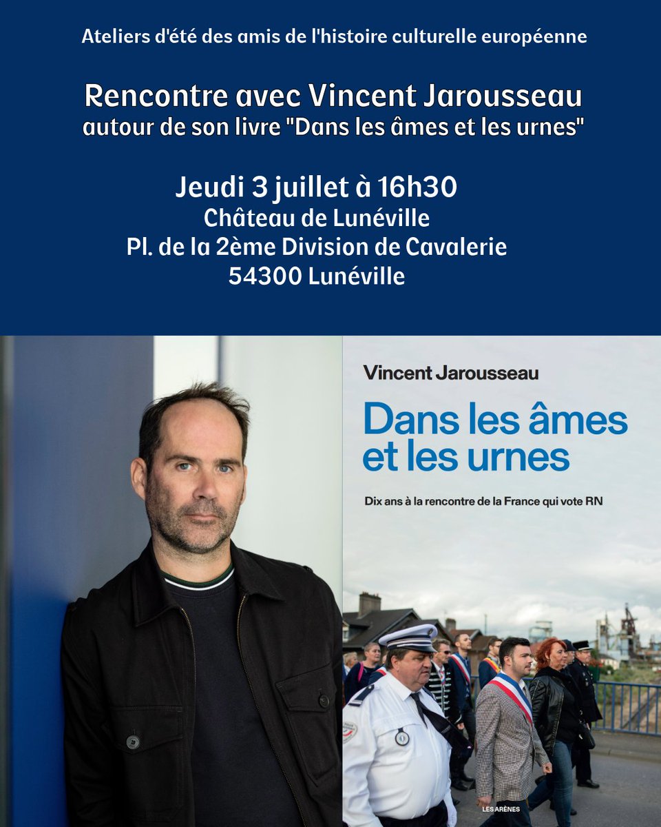 Vincent Jarousseau (@vincejarousseau) on Twitter photo Amis de Meurthe-et-Moselle, je suis de passage, ce jeudi à 16h30 au Château de Lunéville. Je présenterai et dédicacerai mon dernier livre "Dans les âmes et les urnes".
<a href="/les_arenes/">Éditions Les Arènes</a>
#danslesamesetlesurnes Amis de Meurthe-et-Moselle, je suis de passage, ce jeudi à 16h30 au Château de Lunéville. Je présenterai et dédicacerai mon dernier livre "Dans les âmes et les urnes".
<a href="/les_arenes/">Éditions Les Arènes</a>
#danslesamesetlesurnes