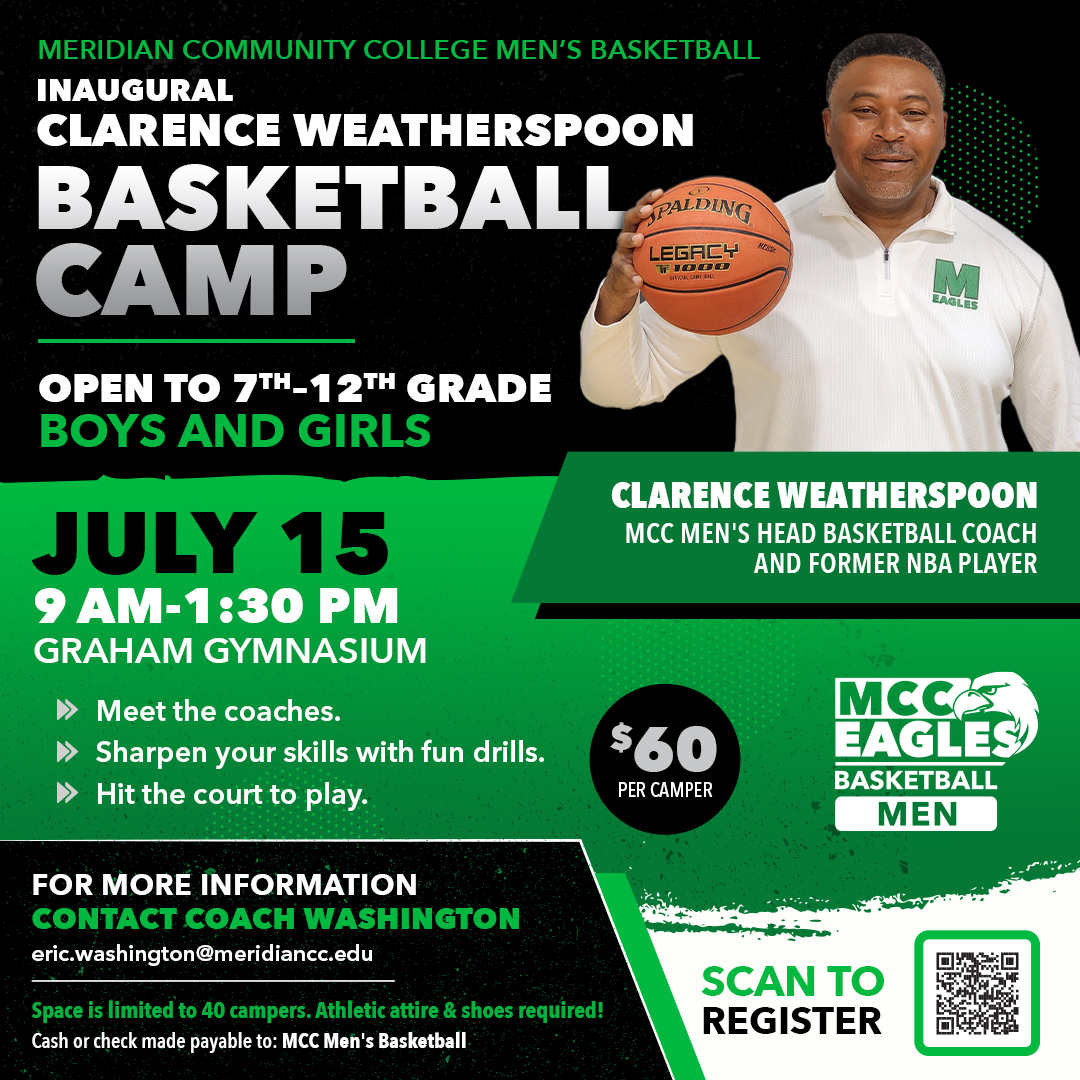 MCC Men’s Basketball is hosting the Clarence Weatherspoon Basketball Camp on July 15 from 9 AM to 1:30 PM at Graham Gymnasium. The camp is open to boys and girls in 7th through 12th grade. Cost is $60 per camper. Register at mcceagles.com/camps. #FindYourWings