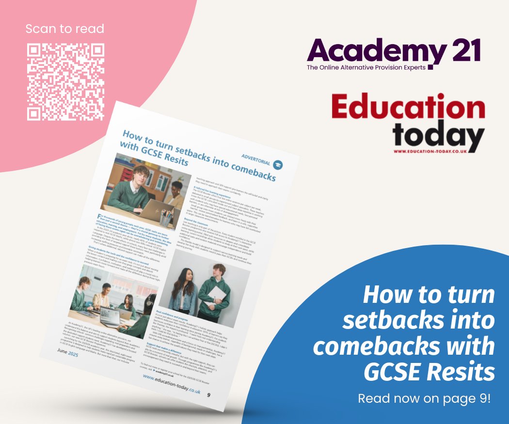 Academy21AP's tweet image. Turn to page 9 of Education Today magazine to discover how our bespoke GCSE resit booster courses are helping learners approach resits with confidence, clarity, and the belief they can succeed.

At Academy21, we understand that setbacks are just a part of the journey. Our…