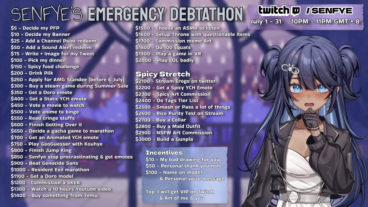 SENFYE's tweet image. 🔹SENFYE&apos;s Emergency Debtathon! 🔹

Recently I got laid off from work due to bad management. So I decide to hold a Debtathon for the whole July to keep myself afloat and supporting my family while doing a job searching afterwards.

See you there on Twitch!