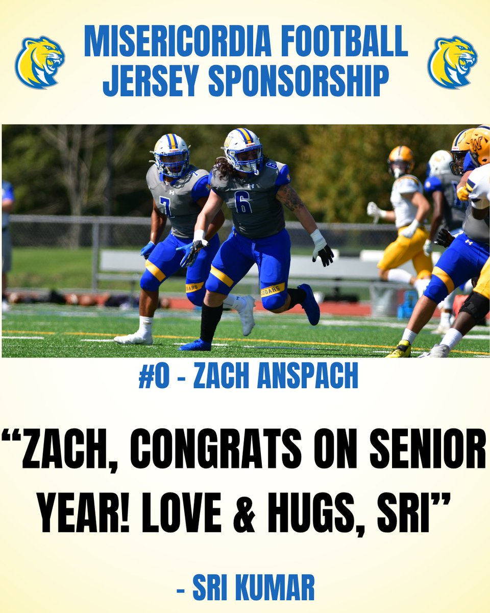 Misericordia University Football (@mucougarsfb) on Twitter photo Thank you to Sri Kumar for your sponsorship of #0 SR DL Zach Anspach (<a href="/AnspachZach/">Zach Anspach</a>)
If you are interested in sponsoring a Jersey click HERE⬇️ misericordia.edu/football-jerse… Thank you to Sri Kumar for your sponsorship of #0 SR DL Zach Anspach (<a href="/AnspachZach/">Zach Anspach</a>)
If you are interested in sponsoring a Jersey click HERE⬇️ misericordia.edu/football-jerse…