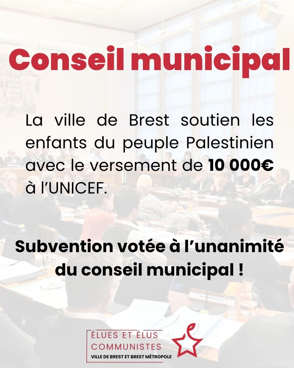 🔴 Le conseil municipal vote à l’unanimité une subvention de 10 000€ pour soutenir les enfants palestiniens via l’<a href="/UNICEF_france/">UNICEF France</a> ! 

Un acte de solidarité face à l’urgence humanitaire !